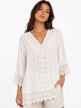Solitaire Swim Women’s Lace Coverup Blouse Top Boho White Cream‎ Size L